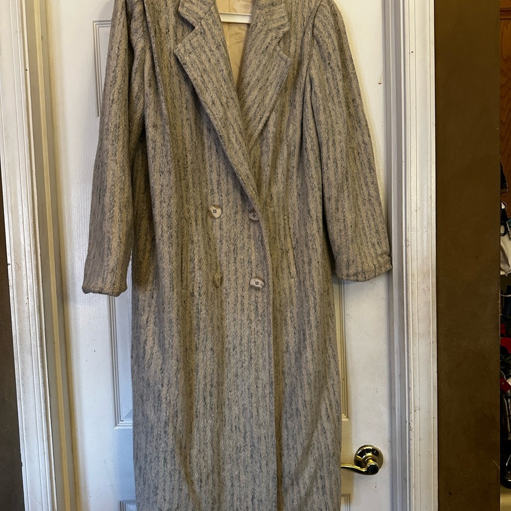 Chic Vintage Striped Cream & Gray Women's Double Breasted Coat